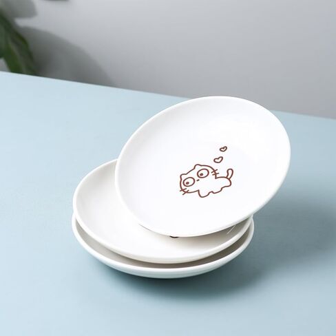3 Pcs Cute Cat Food Bowls with Non-Slip Silicone Bottom, Shallow Ceramic Cat Dish Set, 6 Inch Wide Flat Saucer Style, Whisker Friendly Small Cat Plates for Indoor Cats and Kitten (Brown) in Saudi Arabia