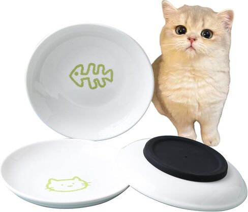 3 Pcs Cute Cat Food Bowls with Non-Slip Silicone Bottom, Shallow Ceramic Cat Dish Set, 6 Inch Wide Flat Saucer Style, Whisker Friendly Small Cat Plates for Indoor Cats and Kitten (Brown) in Saudi Arabia