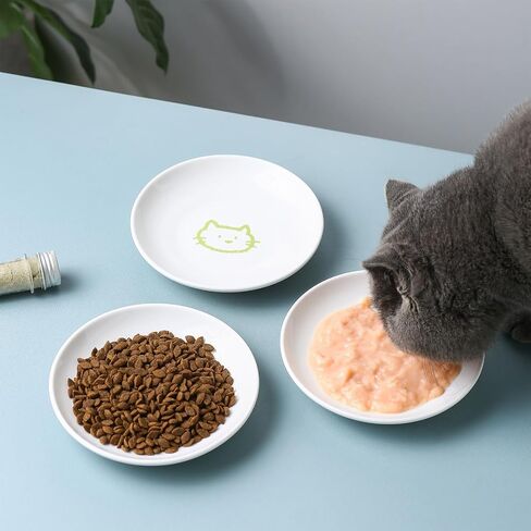3 Pcs Cute Cat Food Bowls with Non-Slip Silicone Bottom, Shallow Ceramic Cat Dish Set, 6 Inch Wide Flat Saucer Style, Whisker Friendly Small Cat Plates for Indoor Cats and Kitten (Brown) in Saudi Arabia