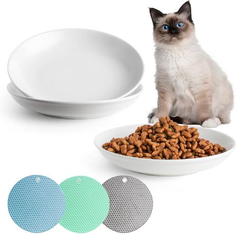 Ceramic Cat Bowls,Cat Feeding Bowls with Non Slip Mats,Pet Bowl Cat Dishes for Food and Water,Wide Shallow Cat Bowl Whisker Friendly,3 Pack (White) in Saudi Arabia
