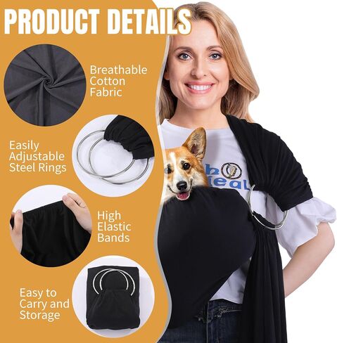 Ring Dog Wrap Carrier, Adjustable Front Facing Dog Sling Carrier Hands Free Cat Carrier, Dog Pouch Pet Carrier Sling Puppy Pouch for Small & Medium Dogs, Cats, Pets(Black) in Saudi Arabia