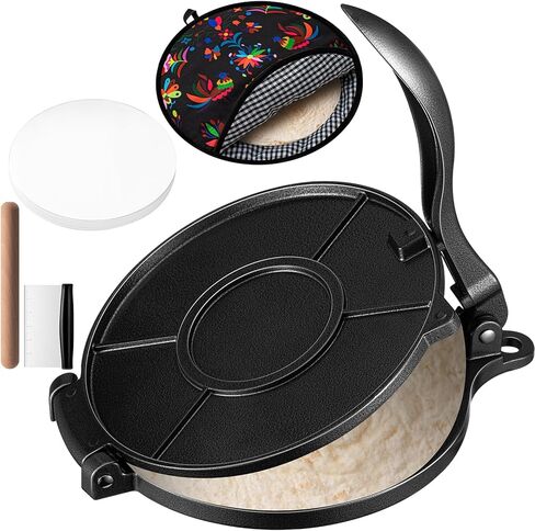 مجموعة ضغط التورتيلا مقاس 8 بوصة، مكشطة العجين، دبوس دوار، حقيبة تسخين التورتيلا، 300 قطعة من ورق البرشمان، دقيق التورتيلا، صانع التورتيلا لضغط روتي تاكو محلي الصنع in Kuwait