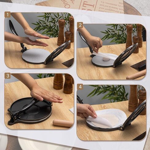 مجموعة ضغط التورتيلا مقاس 8 بوصة، مكشطة العجين، دبوس دوار، حقيبة تسخين التورتيلا، 300 قطعة من ورق البرشمان، دقيق التورتيلا، صانع التورتيلا لضغط روتي تاكو محلي الصنع in Kuwait