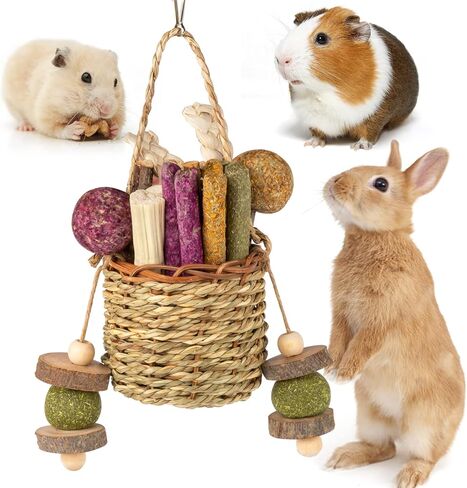 Sofier Rabbit Toys Bunny Toys Hamster Toys Guinea Pig Toys Natural Seagrass Hanging Basket with Timothy Hay Treats Handmade Chew Toys for Teeth Enrichment Chinchilla Rat in Kuwait