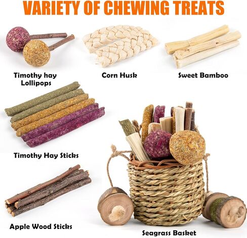 Sofier Rabbit Toys Bunny Toys Hamster Toys Guinea Pig Toys Natural Seagrass Hanging Basket with Timothy Hay Treats Handmade Chew Toys for Teeth Enrichment Chinchilla Rat in Kuwait