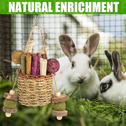 Sofier Rabbit Toys Bunny Toys Hamster Toys Guinea Pig Toys Natural Seagrass Hanging Basket with Timothy Hay Treats Handmade Chew Toys for Teeth Enrichment Chinchilla Rat in Kuwait
