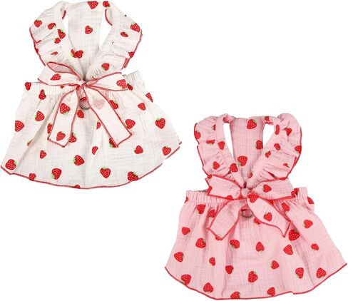 2pcs Girl Dog Dresses, Strawberry Printed Bow Decoration Girl Puppy Clothes Summer Cute Cat Clothes Pet Kitten Dresses for Small Medium Large Dog and Cat (XS) in Saudi Arabia