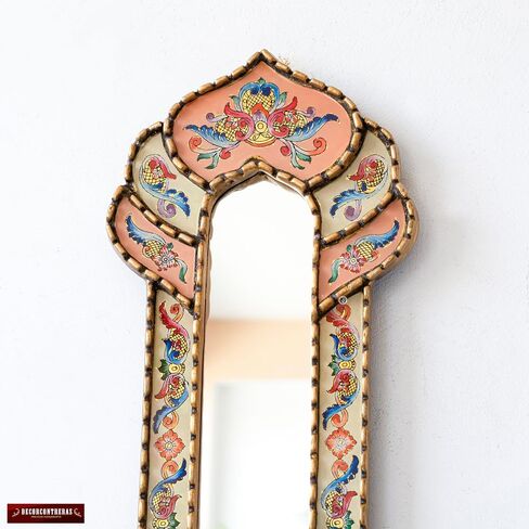 Narrow Accent mirror for wall art decor 35.8" tall, Decorative Long Mirror, Peruvian painting on glass skinny Mirror, Silver Leaf Wood Framed Mirrors for living room (Turquoise) in Saudi Arabia