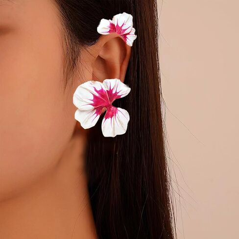 Flower Ear Cuff Earrings for Women Exaggerated Big Flower Earrings Pink White Enameled Floral Earrings Cuffs Non Pierced Jewelry Gifts for Girls in Saudi Arabia