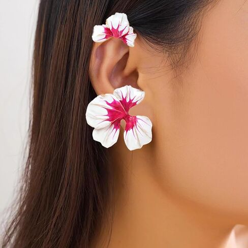 Flower Ear Cuff Earrings for Women Exaggerated Big Flower Earrings Pink White Enameled Floral Earrings Cuffs Non Pierced Jewelry Gifts for Girls in Saudi Arabia