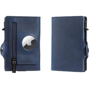 Moo Shiner Airtag Wallet Genuine Leather Credit Card Money Holder AirTag Cover Air Tag Case Automatic Pop Up Wallet Aluminum Slim Pocket Bifold (Black)