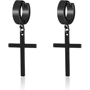 KaFu Punk Cross Dangle Drop Earrings Hypoallergenic Stainless Steel Cross Hoop Huggie Earrings Gothic Cross Earrings for Men and Women Unisex Sliver Black