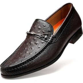 Black Men's Leather Dress Shoes, Casual Ostrich Print Slip on Loafer Moc Toe Metal Buckle Penny Formal Shoes for Mens