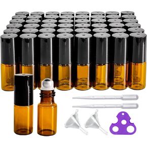 50 PCS 5ml Amber Glass Roller Bottle,Essential Oil Sample Vials with Stainless Steel Roller Ball,Black Caps,for Travel Perfume Cosmetics Small Container(2 Funnels, 2 Dropper, 1 Opener) (5ml)