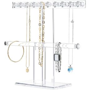 Mymazn Acrylic Jewelry Stand 2 Tier Necklace Holder Organizer with 18 Diamond Shaped Hooks, Jewelry Display Stand Clear Jewelry Holder for Necklaces Watches Bangles, Gift for Women