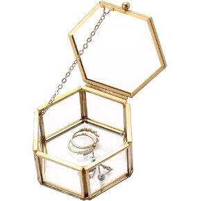 Golden Vintage Glass Keepsake Box | Glass Jwelry Lidded Box Decorative Glass Boxes for Display,Clear Hexagonal Box Rings Bracelet Earring Organizer