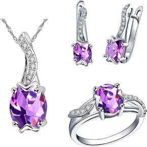 Uloveido Oval Cut Blue Red Purple AAA Cubic Zirconia Pendant Necklace Earrings and Ring Crystal Wedding Engagement Jewelry Set for Women Girls T233
