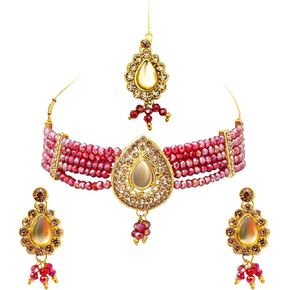 Bodha Traditional Indian Gold Plated Kundan Pearl Choker Bridal Necklace Combo with Maang Tikka and Earrings Jewellery/Jewelry Set for Women (SJN_158_PP)