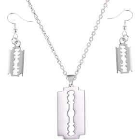 Punk Razor Blade Dangle Earrings & Necklace Jewelry Set for Women Girls Gothic Silver Hook Geometric Jewelry