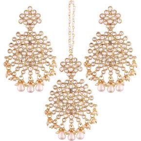 I Jewels Gold Plated Kundan & Pearl Earring Set with Maang Tikka for Women