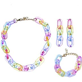 Colorful Transparant Acrylic Paperclip Chain Choker Necklace Bracelet Earring Set Minimalist Rainbow Resin Link Drop Earrings Personalized Vintage Punk Jewellry for Women Girls Gifts