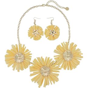 Coiris Raffia Grass Sunflower Statement Necklace Golden Tone Floral Pendant Bib Collar with Earrings for Women