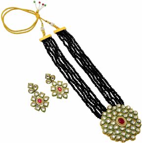 Jewar Necklace Layered Onyx Crystal Beads Gold Plated Pearl Polki Ad Cz Multi Stones Gold Tone Meena Work With Matching Earrings Long Jewelry Set For Women And Girls