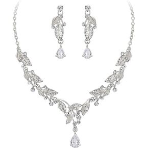 EleQueen Austrian Crystal Necklace Earrings Jewelry Set, Cubic Zirconia Leaf Teardrop Bridal Jewelry for Brides Wedding Party, Costume Accessories Gifts for Women