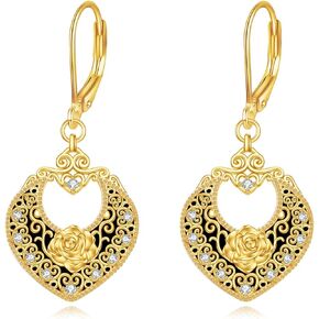Rose Shape Earrings Sterling Silver and Black Nordic Filigree Teardrop Leverback Drop Earrings Jewelry Gifts for Women Girls