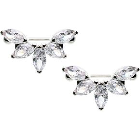 Pierced Owl 14GA Stainless Steel CZ Crystal Floral Lotus Marquise Nipple Shields, Sold as a Pair