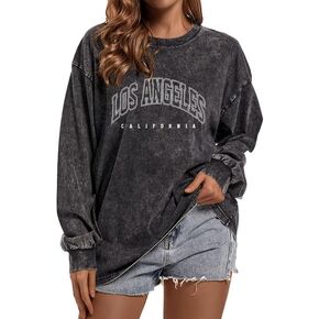 Los Angeles Brooklyn Letter Graphic Shirts Oversized Vintage Tshirt for Women Trendy Long Sleeve Pullover Tees Tops