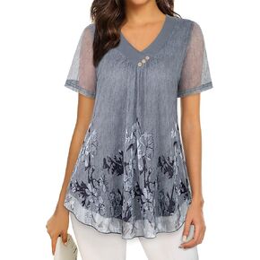 بلوزات نسائية بأكمام قصيرة، قميص تونيك صيفي أنيق وقميص شبكي مطبوع عليه زهور in Kuwait