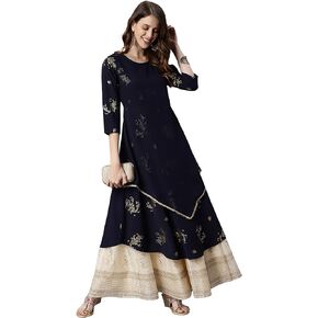 Janasya Indian Women's Navy Blue Foil Printed Poly Crepe Kurta