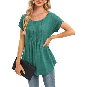 Womens Short Sleeve Scoop Neck Tops Pleated Front Trendy Dressy Casual Flowy Shirts