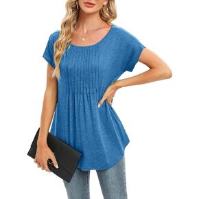 Womens Short Sleeve Scoop Neck Tops Pleated Front Trendy Dressy Casual Flowy Shirts