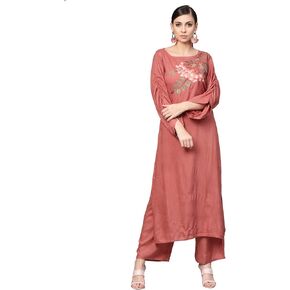 Women's Rayon Slub Embroided Straight Kurta With Palazzo Pants