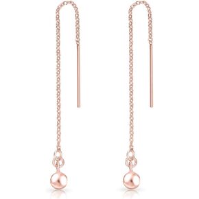 925 Sterling Silver, 24K Yellow or 18K Rose Gold Plated Pull/Thread Through THIN Chain Drop Earrings and Dangling Puffed Heart, Small Ball or Love Knot