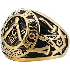 SINLEO Stainless Steel Gold Plated Vintage Freemason Symbol Masonic Rings Biker Bands for Men