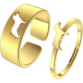 2PCS Matching Cute Animals Promise Engagement Rings for Couples Men Women Jewelry Band Sets 316L Stainless Steel Adjustable Open Ring