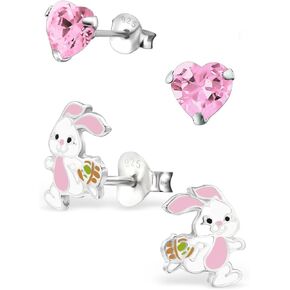 925 Sterling Silver Set of 2 Pairs Small Easter Bunny & Pink CZ Crystal Heart Stud Earrings(Nickel Free)