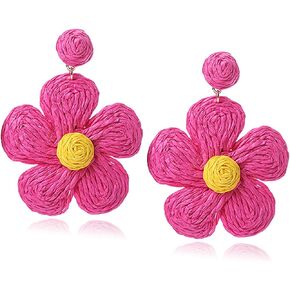 Rattan Flower Dangle Earrings for Women Girls Bohemian Earrings Handmade Straw Wrapped Flower Earrings Exaggerated Colorful Daisy Rattan Earring Summer Beach Holiday Fashion Statement Earrings