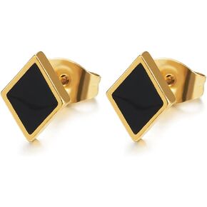 Unisex Mens Womens Stainless Steel Gold Color Diamond Shape Stud Earrings with Black Enamel, 2pcs