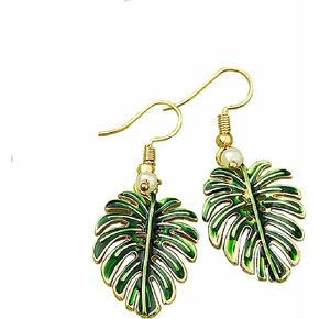 Green Enamel Tropical Palm Tree Fresh Monstera Leaf Earrings Dangle Earrings