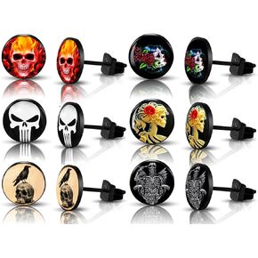 SIISPRI 6Pairs Skull Pattern Punk Rock Stud Earrings Mens Earrings Set Hypoallergenic Surgical Stainless Steel Round Circle Button Stud Post Earrings 10MM