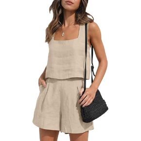 Springcmy Women 2PCS Outfits Cotton Linen Shorts Sets Sleeveless Tank Top+Shorts with Pocksets Beach Lounge Y2K Streetwear