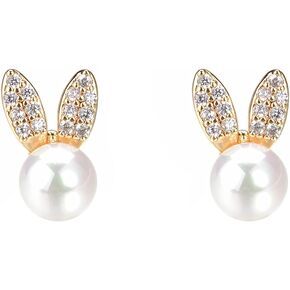 Cute CZ Pearl Rabbit Earrings for Women Girls Gold Plated Imitation Pearls Ball Stud Cartilage Post Pin Dainty Lovely Jewelry Birthday Valentine Anniversary Christmas Easter Gifts