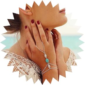 Andelaisi Boho Layered Finger Bracelet Silver Turquoise Finger Ring Bracelet Ring Link Wrist Bracelet Turquoise Slave Bracelet Jewelry for Women and Girls