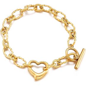 Stainless Steel Chunky Chain Heart Link Bracelet with Toggle Clasp Womens Jewelry Accessories