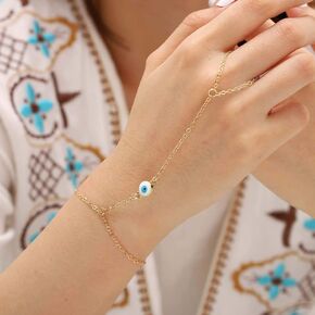 Obmyec Boho Finger Chain Bracelets Silver Evil Eye Hand Chain Delicate Slave Bracelet Simple Hand Harness Chain Bracelet Linked Hand Jewelry for Women and Girls