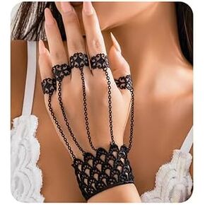 Jumwrit Vintage Finger Ring Hand Chain Bracelet Boho Black Layered Lace Slave Link Hand Harness Halloween Cosplay Hollow Cross Open Ring Bracelet Costume Accessories for Women Girls